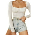 thumbnail image 2 of Femmes Chemises de Couleur Unie Slim Crop, Col Carré Buste à Manches Longues devant Froncé Chemisier Mignon, 2 of 5