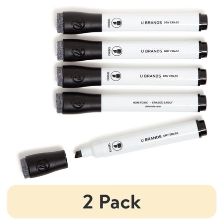 (2 pack) U Brands Dry Erase Markers, 5 Count, Black, Low-Odor, Chisel (5 mm) Tip