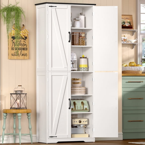 TEENFON 67" Kitchen Pantry Cabinet with 4 Doors, Farmhouse Pantry Cabinet with Adjustable Shelves, Storage Cabinet for Kitchen, Bathroom, White