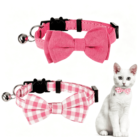 GASTROPOD 2 Pcs Kitten Bow Tie Collar with Bell Cute Cat Collar for Girl Boy Cats Breakaway Cat Collars Adjustable Small Puppy Safety Collar Solid Color Plaid Pet Collar (Pink)