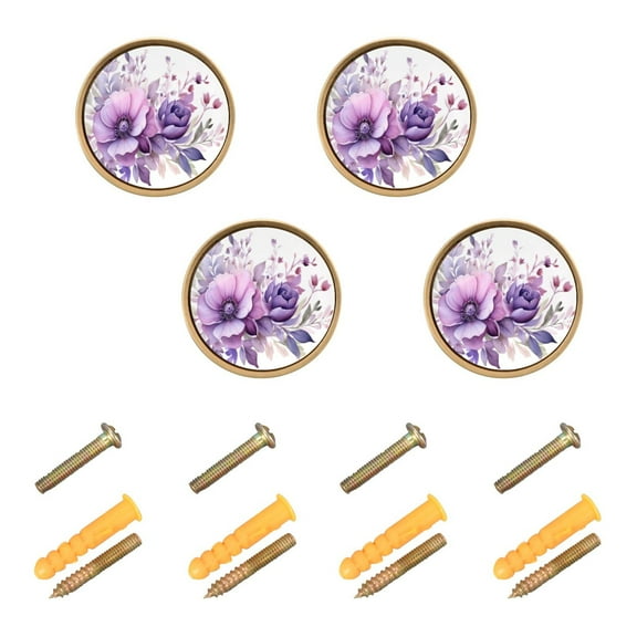 Ryvnso Flowers Purple Cabinet Knobs Kitchen Door Round Pulls Drawers Dresser Cupboard Knob Set of 4