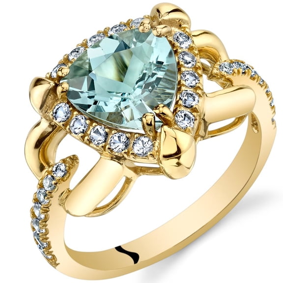 PEORA Aquamarine Homage Ring for Women 14K Yellow Gold with White Topaz, Genuine Gemstone, 1.50 Carats Trillion Cut 8mm, Size 6