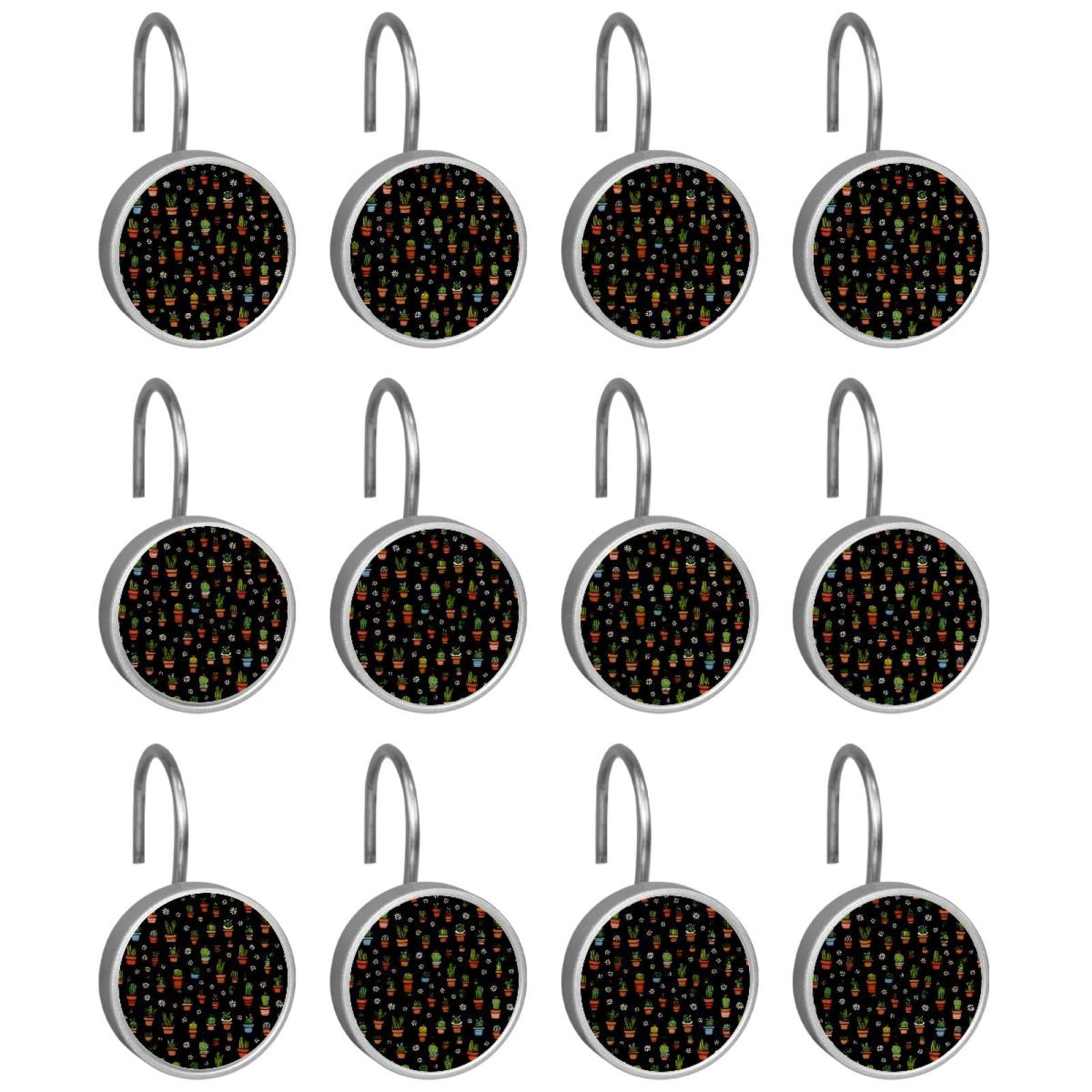 12pcs Decorative Shower Curtain Hooks, Rust Resistant Shower Rings for Bathroom Living Room,Rustproof Stainless Steel Rings for Shower Curtain and Liner Rods,Cactus and Daisy Black