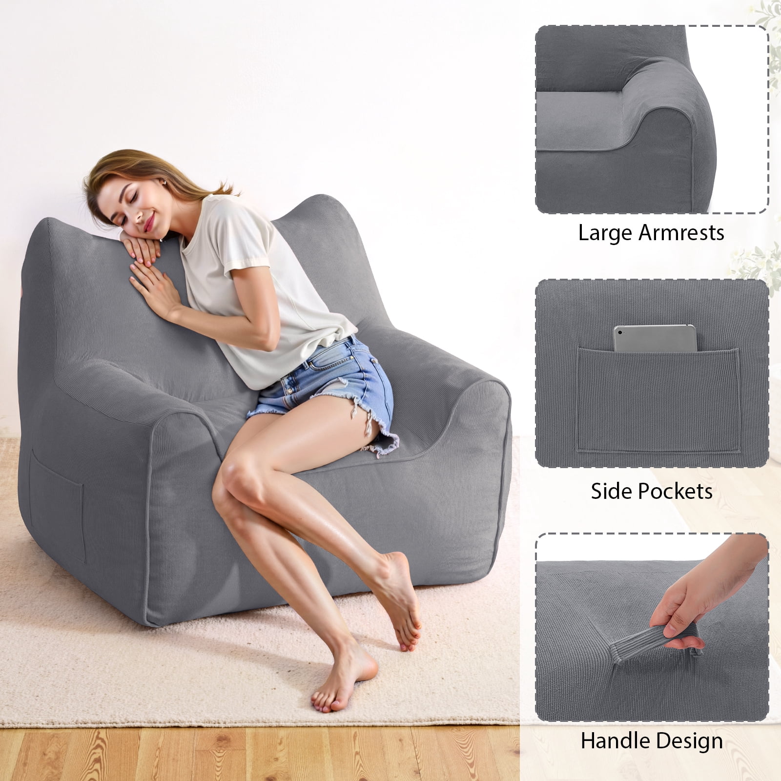 Lusimo Bean Bag Chair for Adults Teens, 3FT Lazy Memory Foam Bean Bag Sofa for Bedrooms, Cat-Ear Design Couch with Corduroy Washable Cover, Lounge Chairs with Pocket for Gaming, Reading, Gray
