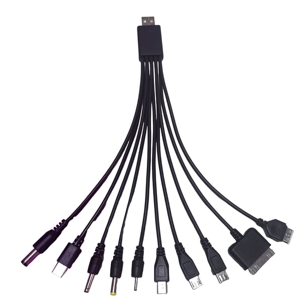 Cable de carga multidispositivo 10 en 1 de 23 cm, PVC, antienredos, universal, de alta resistencia, para la mayoría de teléfonos.