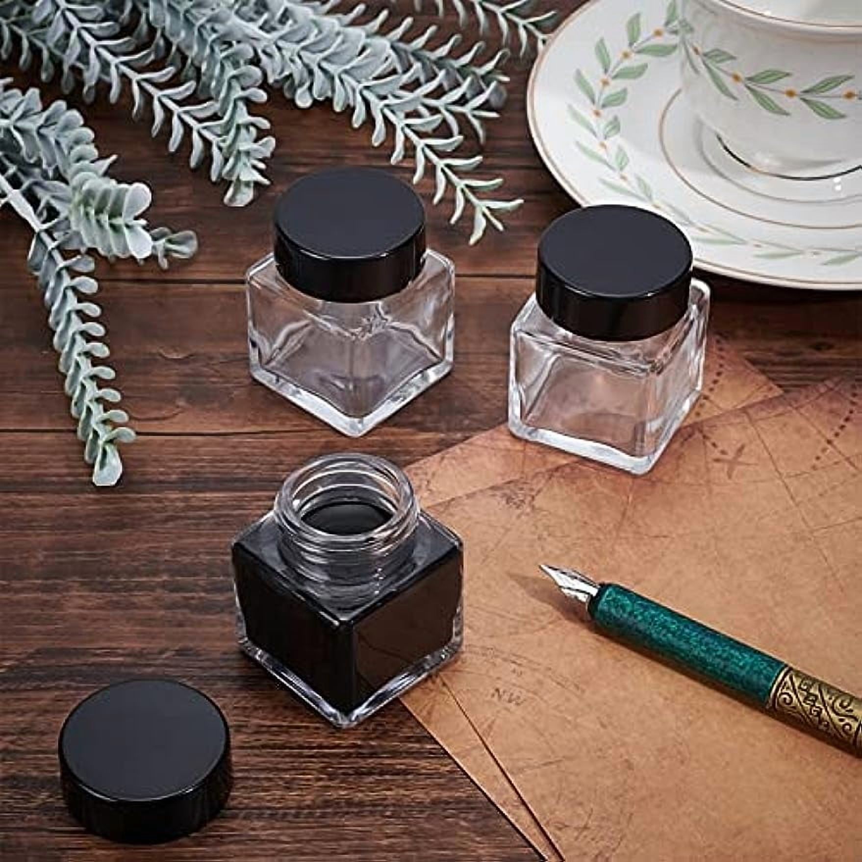 12 Pack 30ml Clear Empty Ink Bottles Glass Fountain Pen Ink Bottle with ABS Plastic Bottle Caps 4pcs Mini Transparent Plastic Funnel 6pcs 2ml Disposable Plastic Teardrop