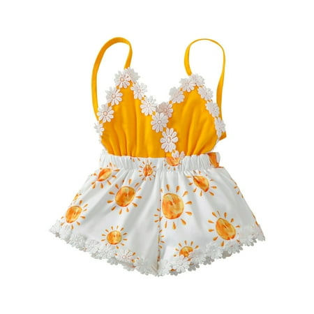 

Rovga Kids Girls Baby Toddler Bodysuits Yellow Small Sun Flower Suspender Jumpsuit Backless Jumpsuit