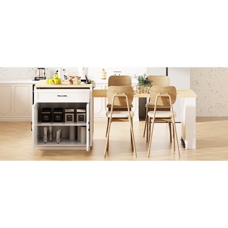82.7 Inch Kitchen Island With Extendable Table For 2-6 White Cabinet Double Storage Design Power Outlet 2 Side Open Shelves Dining 2-6 People White Storage Lockable Wheels Adjustable Shelf