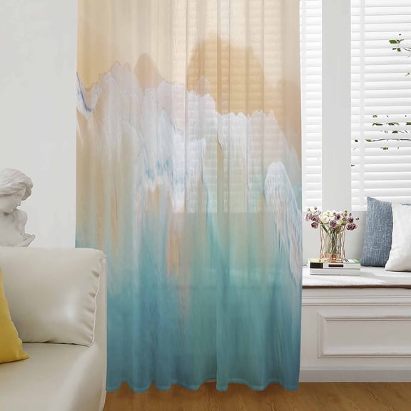 Orange Aqua Coastal Semi Sheer Curtains Drapes for Living Room, Bedroom, French Doors Window 84 Inches Long, Summer Beach Seaside Nautical Rod Pocket Chiffon Curtain Drapery Voile Draperies Panel