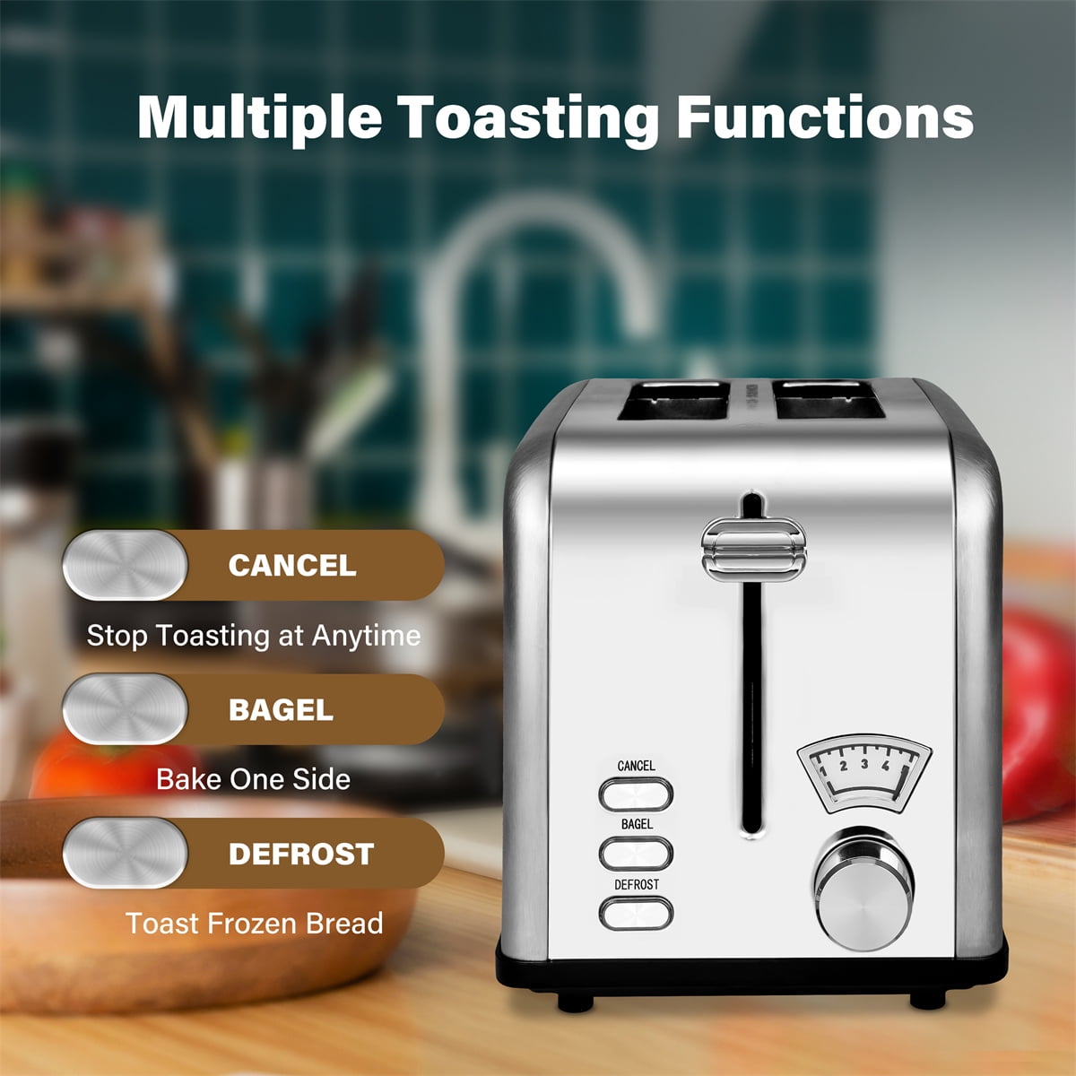 Long Slot Toaster 4 Slice Brushed Stainless Steel Toaster, 7 Toast Settings  with Bagel/Cancel/Defrost Functions, Toaster Warming Rack&Removable Tray