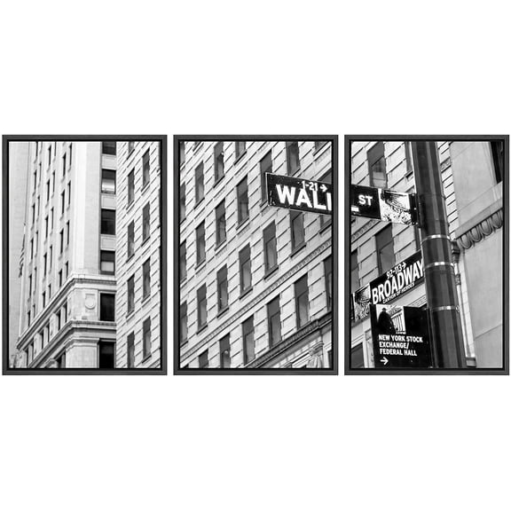 wall26 - 3 Piece Framed Canvas Wall Art - Sign on Wall Street in New York City - Modern Home Art Stretched and Framed Ready to Hang - 16"x24"x3 Black