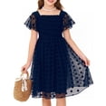 thumbnail image 3 of Aideaone Girls Chiffon Dress Flutter Ruffle Short Sleeve Kids Square Neck Frocks Navy Blue 6-13Y, 3 of 8