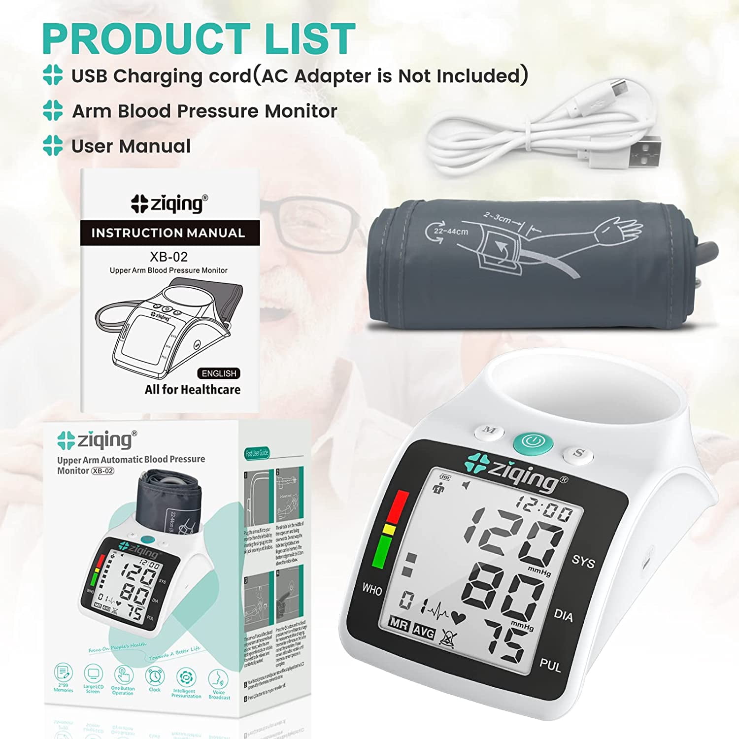 ZIQING Automatic Digital Upper Arm Blood Pressure Monitor with Large LED Display & Adjustable Extra Large Cuff