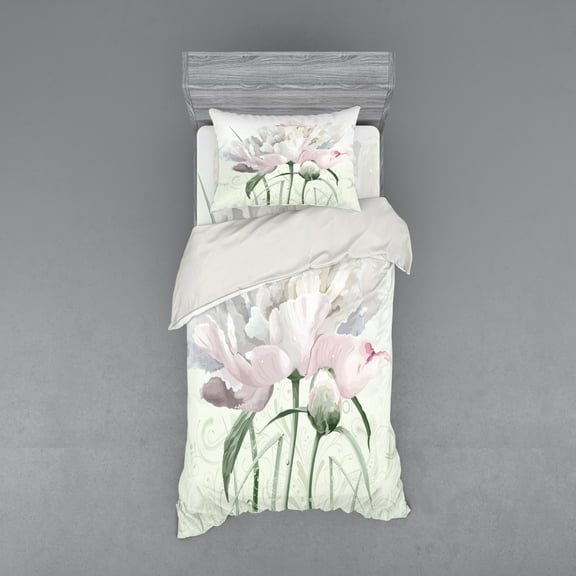 Ambesonne Flower Bedding Set 3 Pcs, Pink Rose Tulip Abstract, Twin XL, White