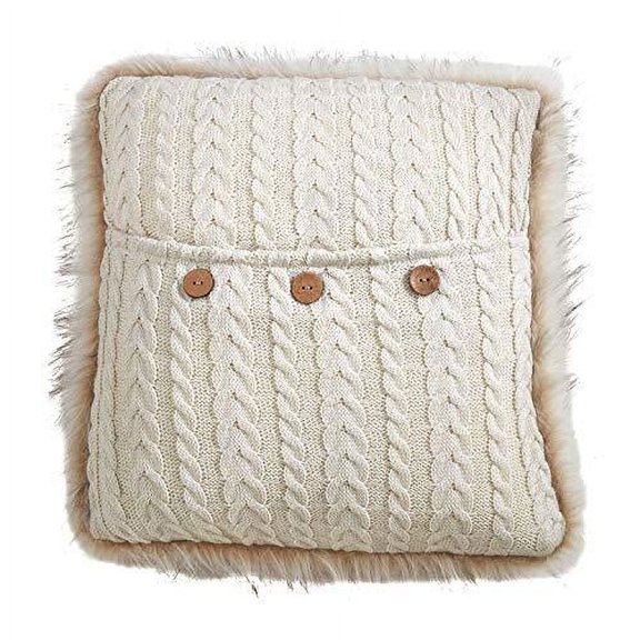 Fennco Styles Lillian Collection Country Faux Fur Trim Button Cable Knit 18 x 18 Inch Throw Pillow