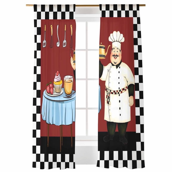 Sheer Curtains 96 inches Long, Chef Kitchen Gourmet Black White Buffalo Plaid Light Filtering Sheer Window Curtains Rod Pocket Voile Drapes for Bedroom Living Room, 52"W x 96"L 2 Panels