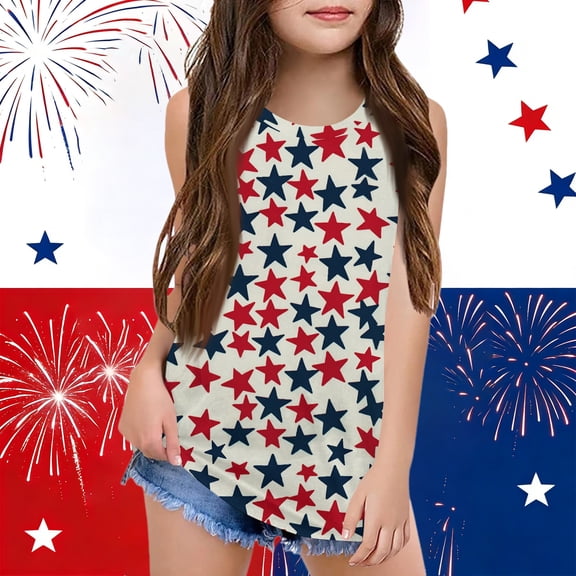 Grblisyd July 4th Girls Tank Tops Size 10-12 Patriotic Sleeveless Crew Neck Shirt American Flag Tee Shirt