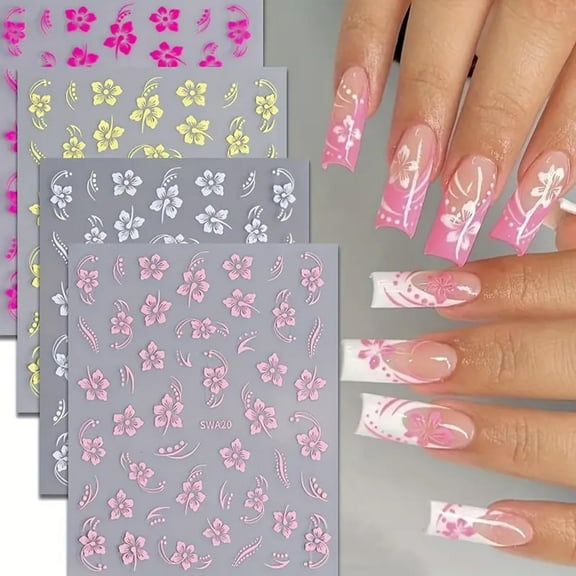 Monebena 8PCS Hibiscus Flower Nail Art Stickers, Hawaiian Flowers Nail Decals White Pink Yellow 3D Self-Adhesive Flowers Stickers for Nails Summer Floral Manicure Sliders for Women Girls