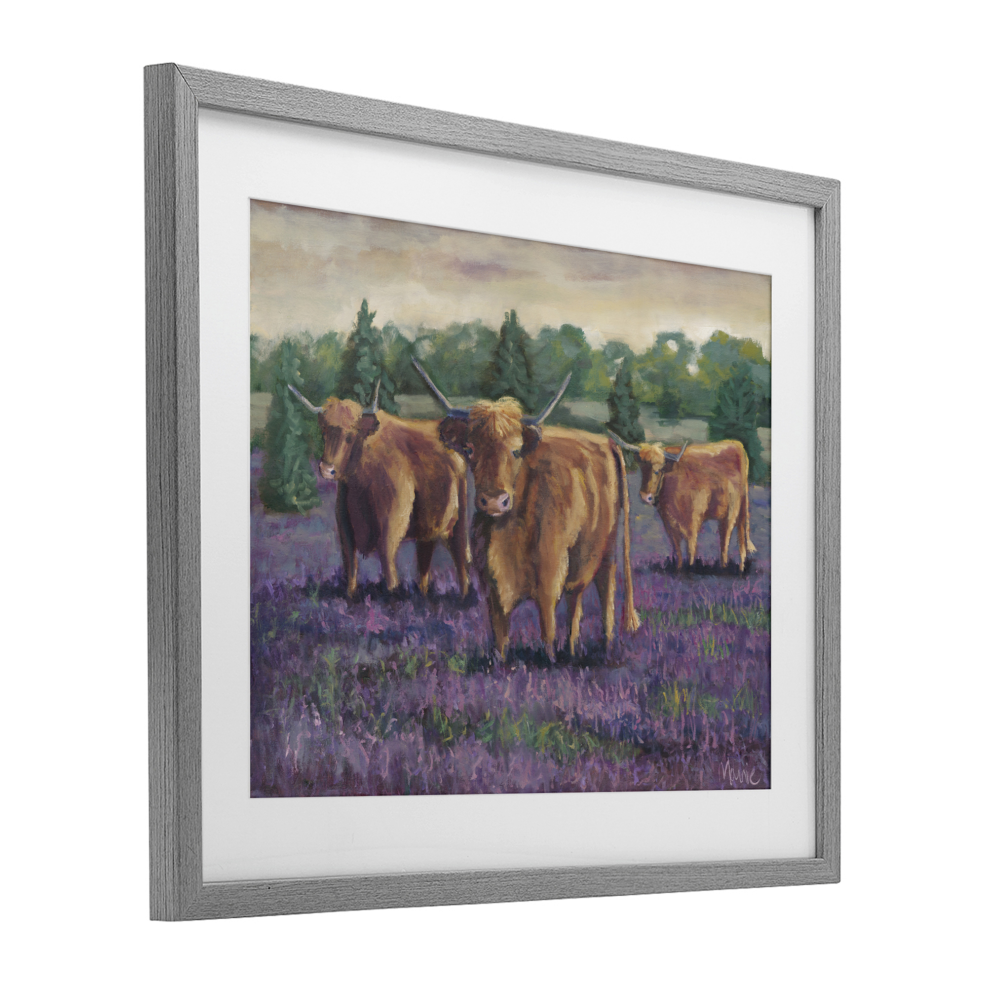 Purple Fields & Cows Gray Framed Print Under Glass, design by Marnie Bourque