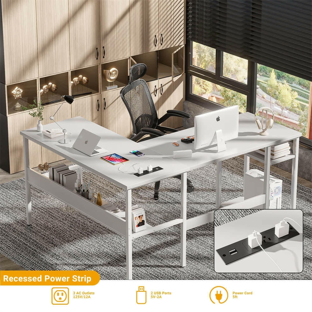 iSunirm Home Office L Shaped Desk with Magic Power Outlets and USB Charging Ports, 50.4"D x 42.5"W x 29"H, Storage Shelves, Reversible L Shaped Desk, Suitable for Students & Adults, White
