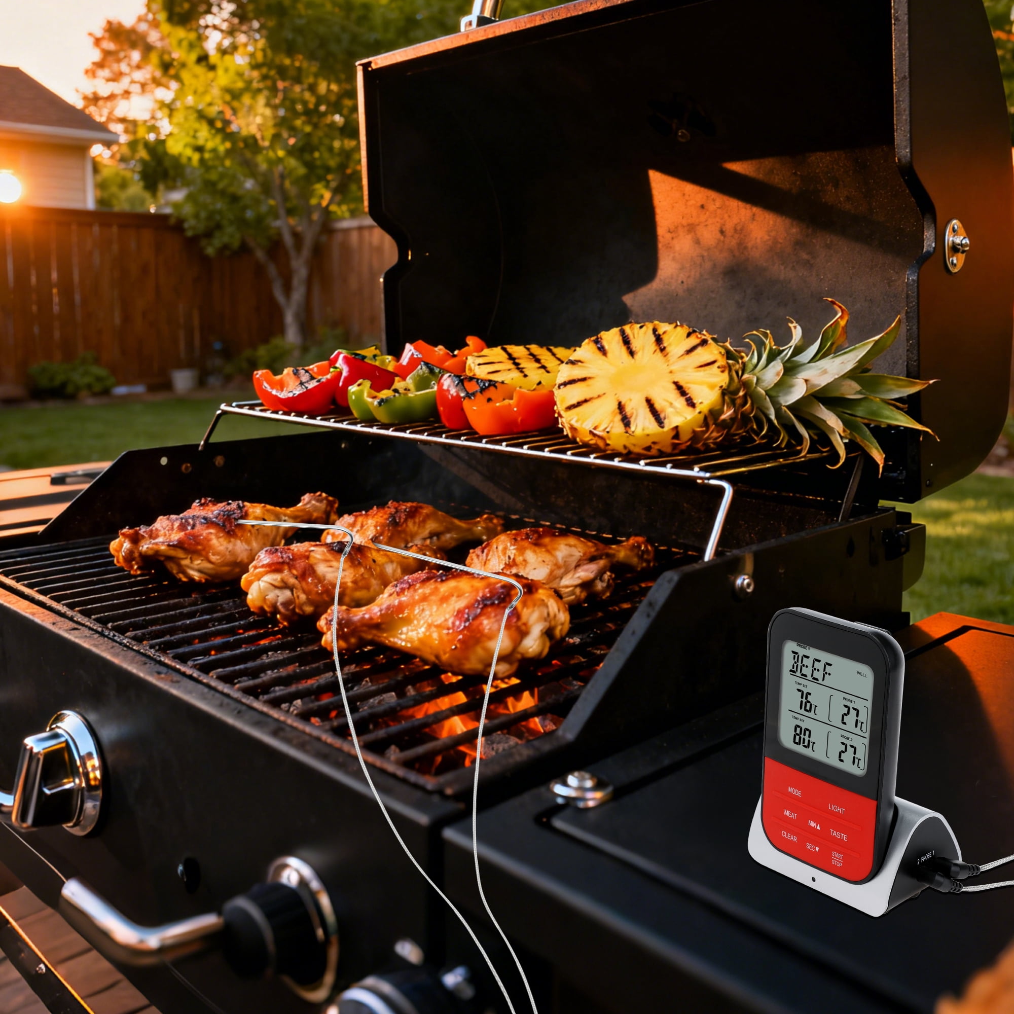 Unique Bargains Digital Meat Thermometer with 2 Probes and LCD Silver Curved Needle