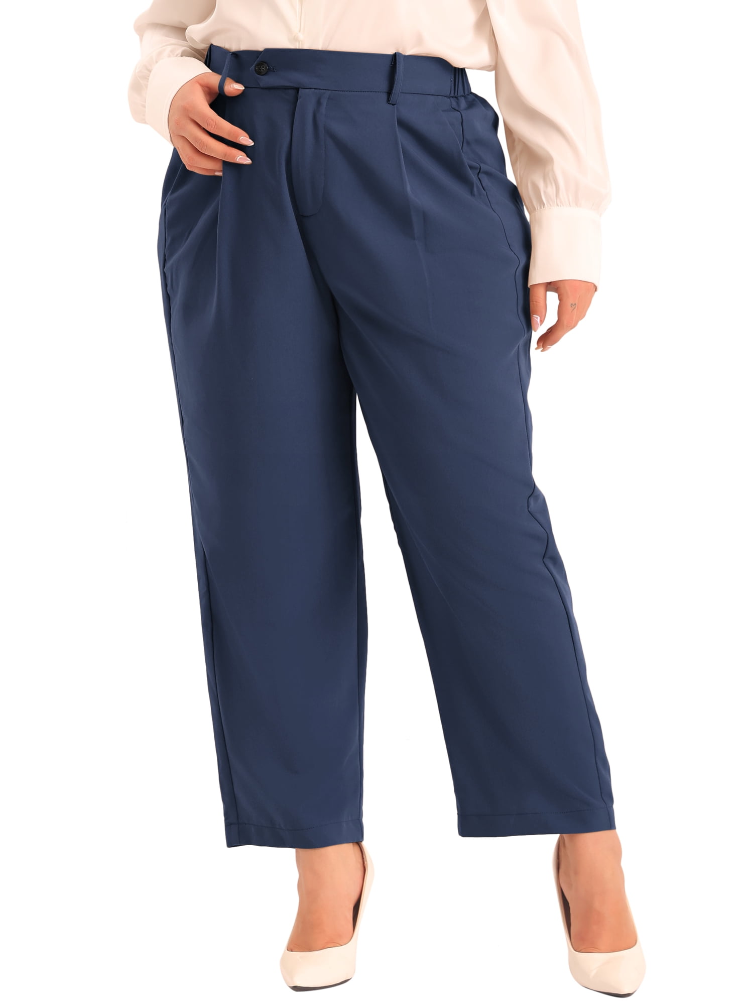 DARING DIVA Women's Plus Elastic High Waisted Long Straight Pants 2X Dark Blue