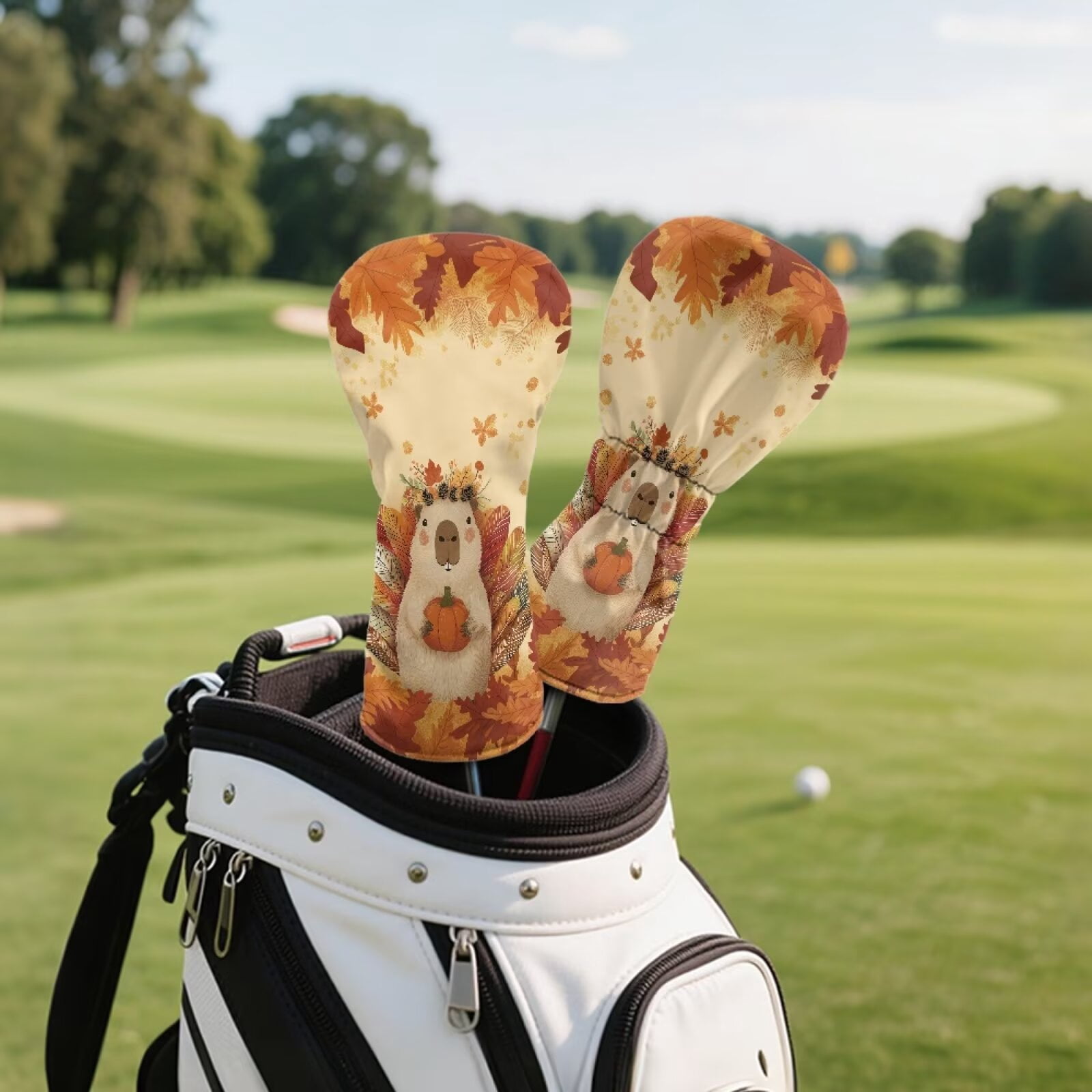 Uorisanigo 3pcs Golf Club Head Covers Autumn Capybara Headcovers Set Includes Driver Head Cover Fits up to 460cc Drivers, Golf Fairway Wood Hybrid Headcovers for Club Protective