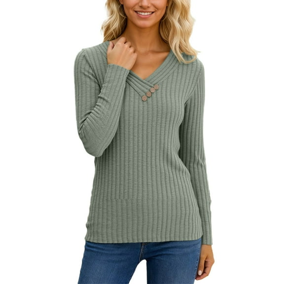 PMVFHDE Long Sleeve Ribbed Knit Pullover Sweater Soft Brushed Turtleneck Top Casual Comfortable 2025 Winter Fall Fashion V Neck womens sweater Green，XXL