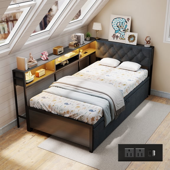 Anyhave Twin L-Shaped Corner Bed Frame, Upholstered Headboard & LED Lights, Metal Daybed with Charging Station, Trundle, Reversible, Twin to King, Guest Room