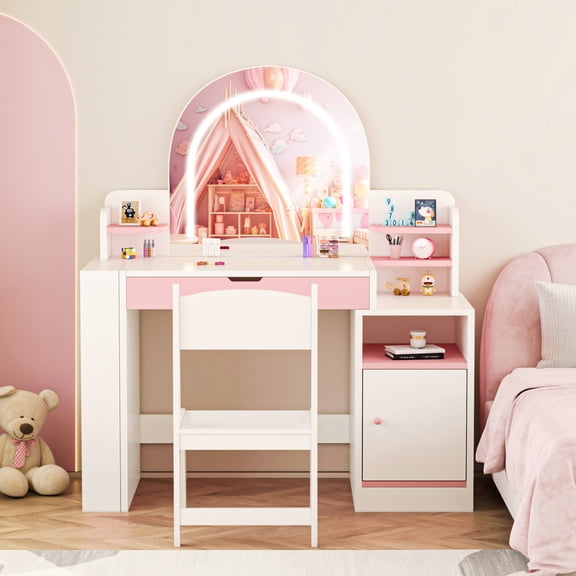 JassmiPkwy Kids Makeup Vanity Set with Mirror and Lights, Toddler Vanity Table with Chair, Storage Tabletop, Bookshelf, White