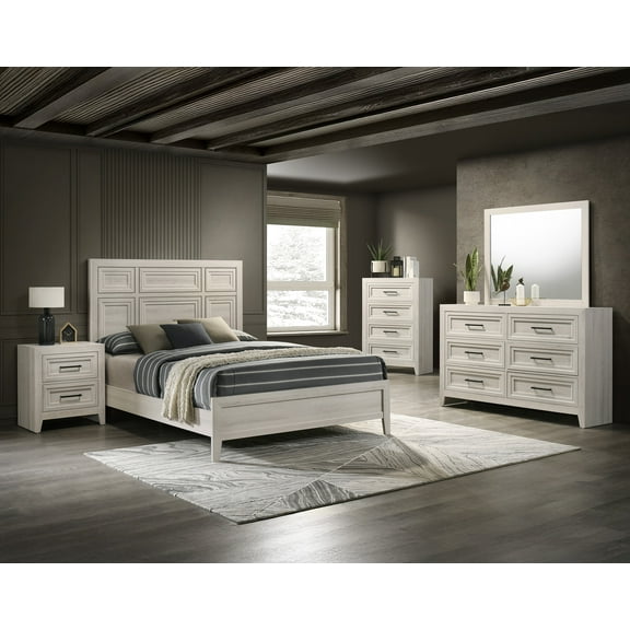 6Pc Off-White Architectural Paneling 6Pc King Size Bed Master Bedroom Set