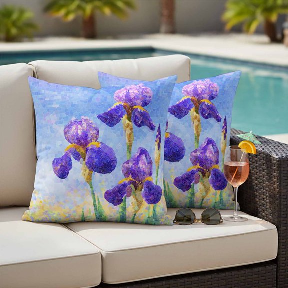 Outdoor Pillow Covers,Purple Iris Flowers Decorative Throw Pillow Cover Waterproof Pillowcase Set of 2,Linen Cushion Case for Sofa Couch Bed 18x18 Inch,Impressionist Oil Brushstrokes Floral