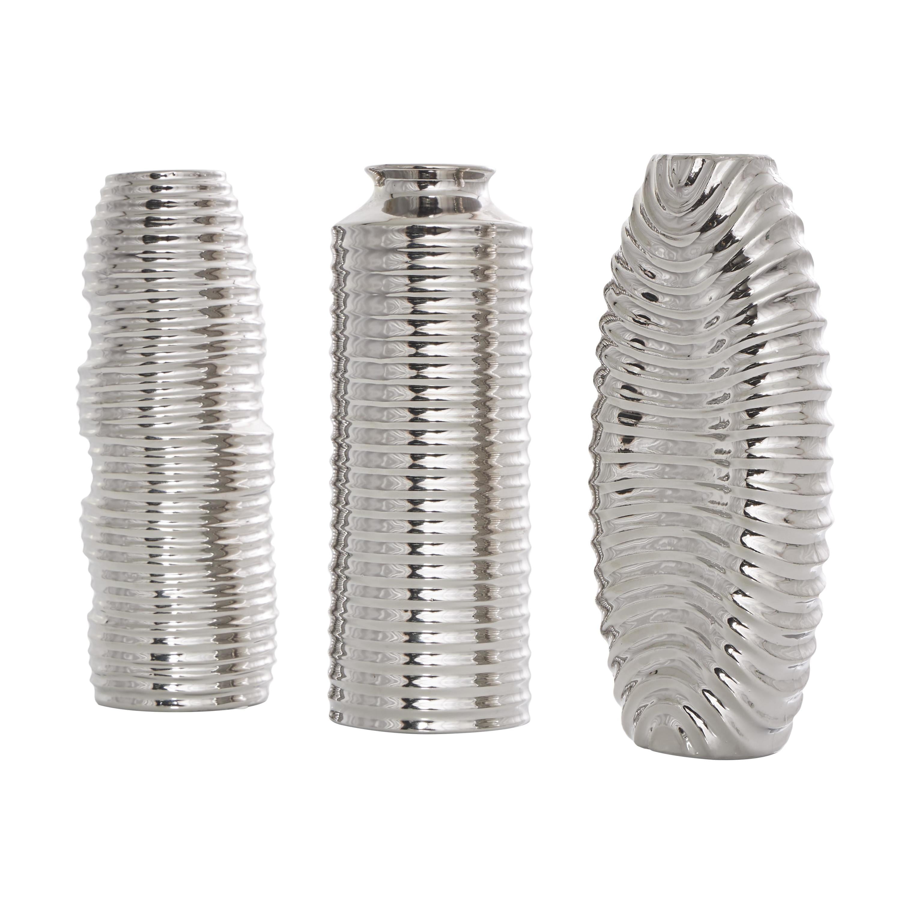 DecMode 4"W, 11"H Dimensional Ribbed Silver Ceramic Vase with Varying Shapes, Set of 3