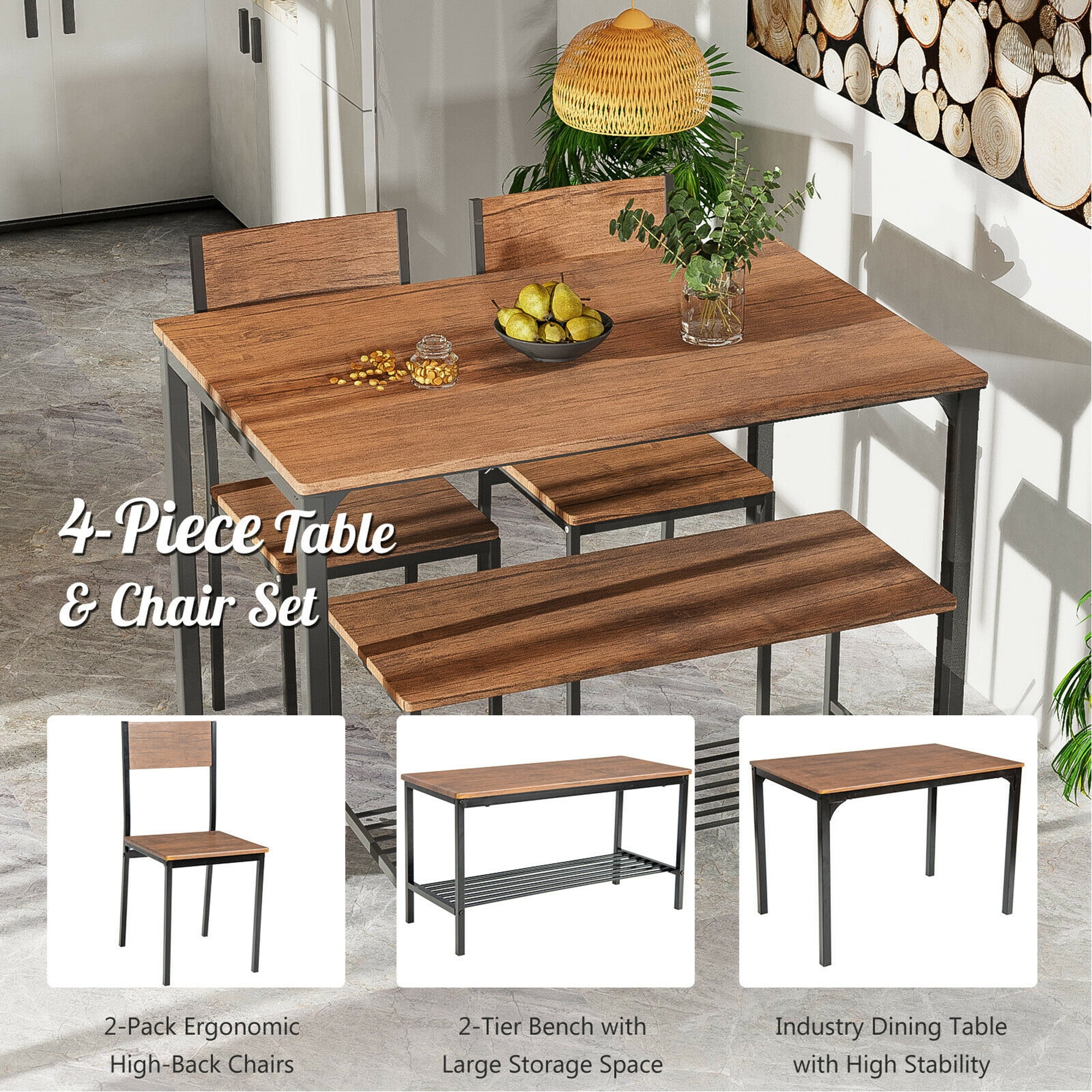 Gymax 4pcs Dining Table Set Rustic Desk 2 Chairs & Bench w/ Storage Rack Brown