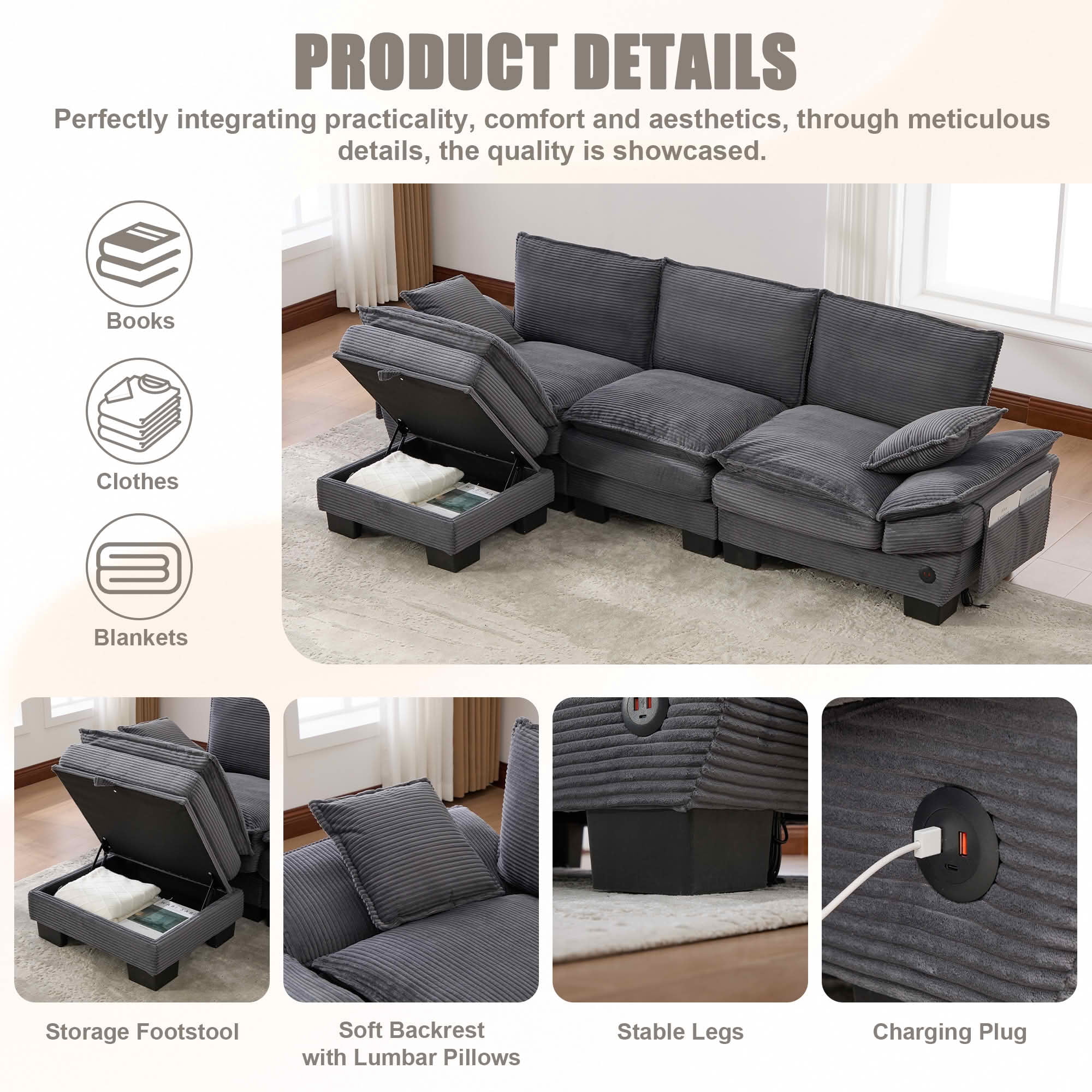 MAYEERTY Ottoman Footstool, Modular Cloud Sofa Footrest with Storage, Soft Corduroy, No Assembly, Dark Gray