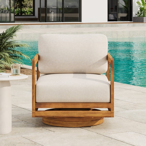Christopher Knight Home Outdoor 360° Swivel Wooden Lounge Chair with Beige Cushion, Teak Finish