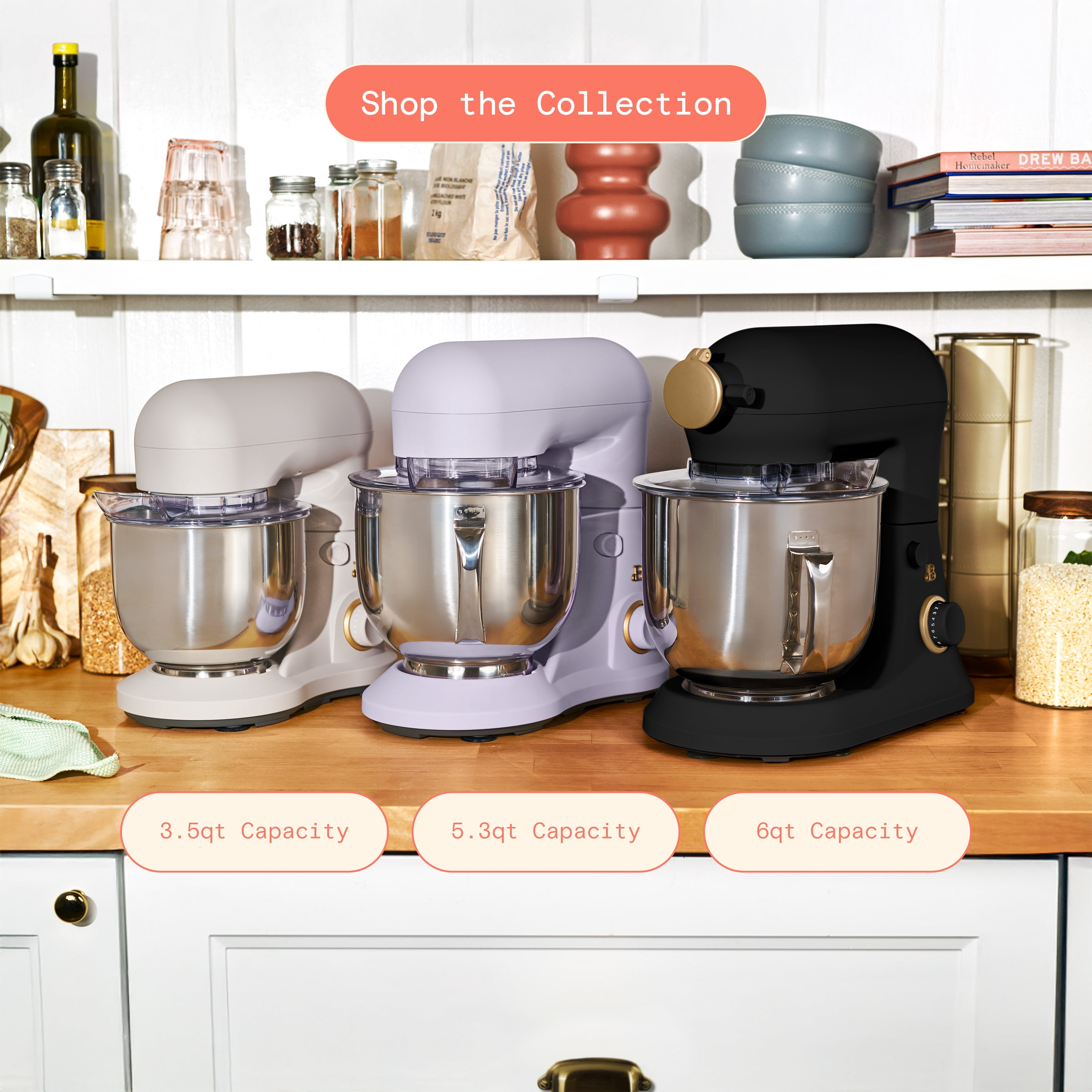 Beautiful 6 Qt Tilt-Head Stand Mixer with Dough Hook, Flat Beater, Balloon Whisk, Pastry Beater & Slicer/Shredder Set, Black Sesame by Drew Barrymore