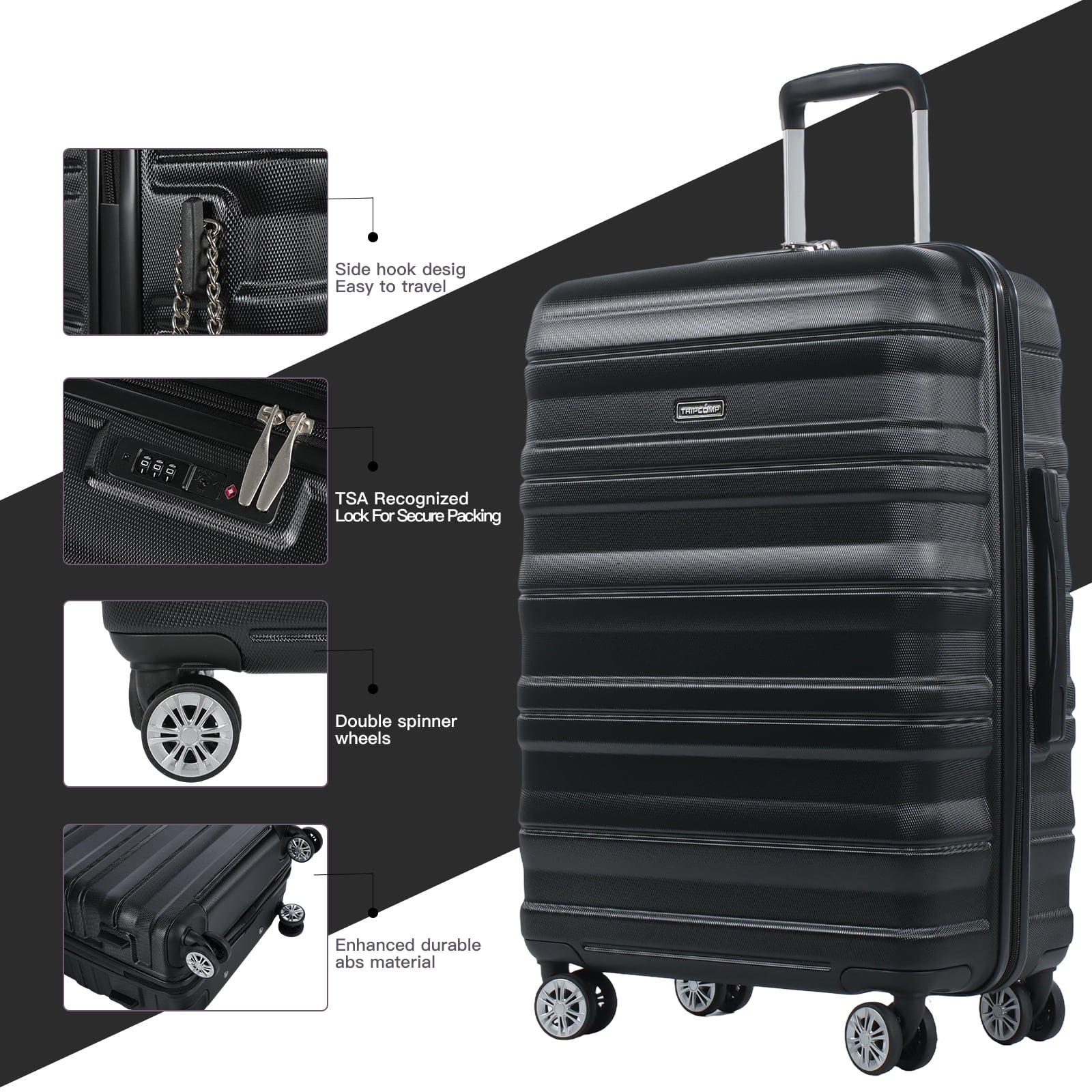 Tripcomp Hardside Luggage Set 3-Piece Set (21/25/29) Lightweight Suitcase 4-Wheeled Suitcase Set (Black)