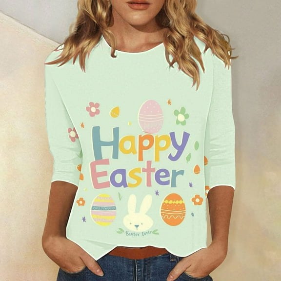Cavosen Easter Day Women's Tops 3/4 Sleeve Dressy Bunny Funny Letter Print Trendy Pullover Shirts Crewneck Holiday Blouse Casual Festival T Shirts Going out Summer Tees L
