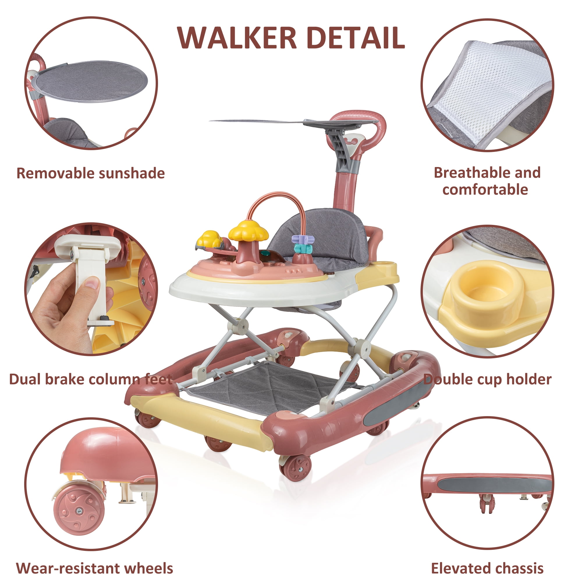 HAOUUCYIN 4-in-1 Baby Walker, Music Activity Push Walker with Wheel, Foldable and Height Adjustable, Pink
