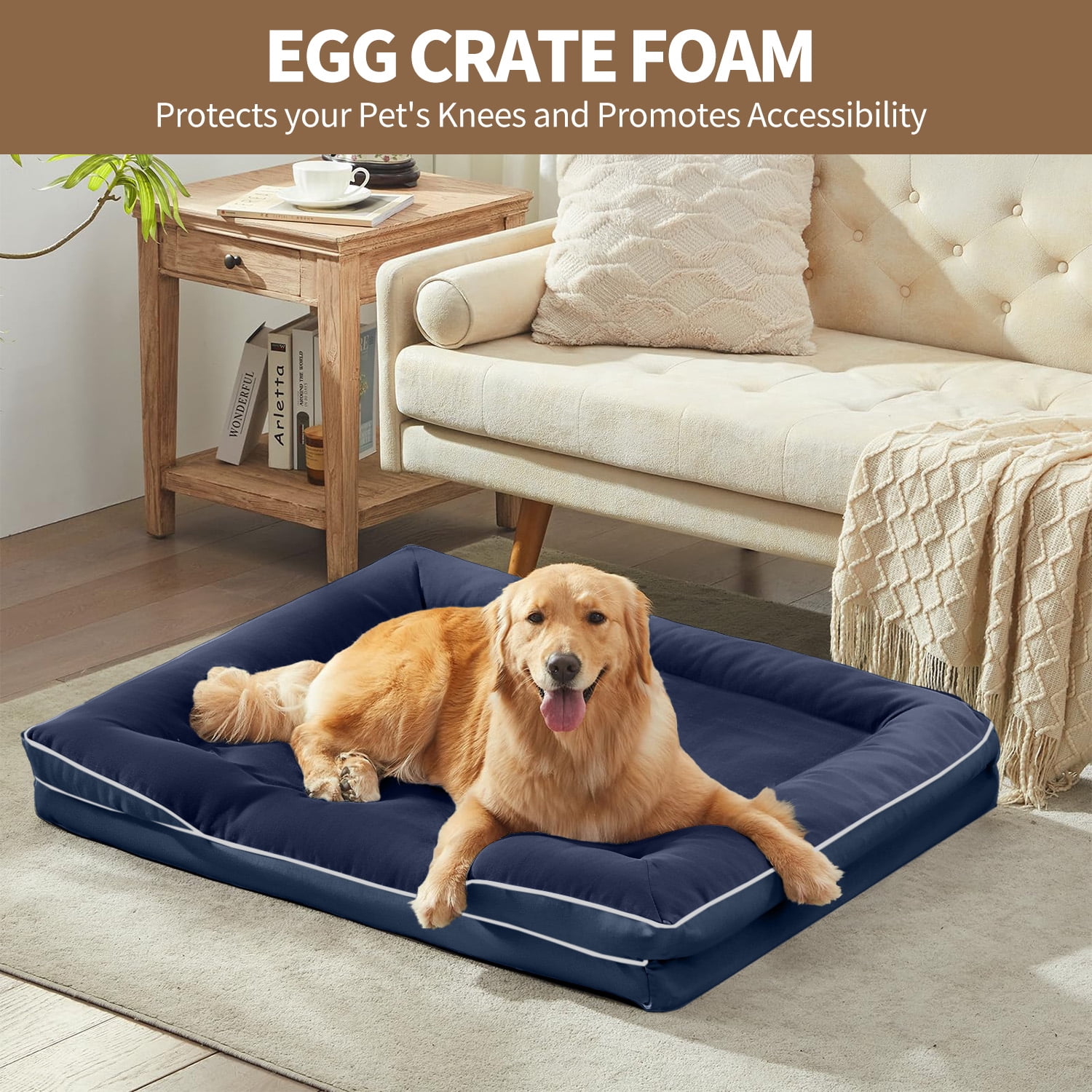 PayUSD XXL Orthopedic Dog Bed, Memory Foam Dog Sofa Beds for Giant Dogs, Supportive Foam Pet Couch Bed with Removable Washable Cover and Nonskid Bottom, Dark Blue (52" L x 41" W x 8" Th)