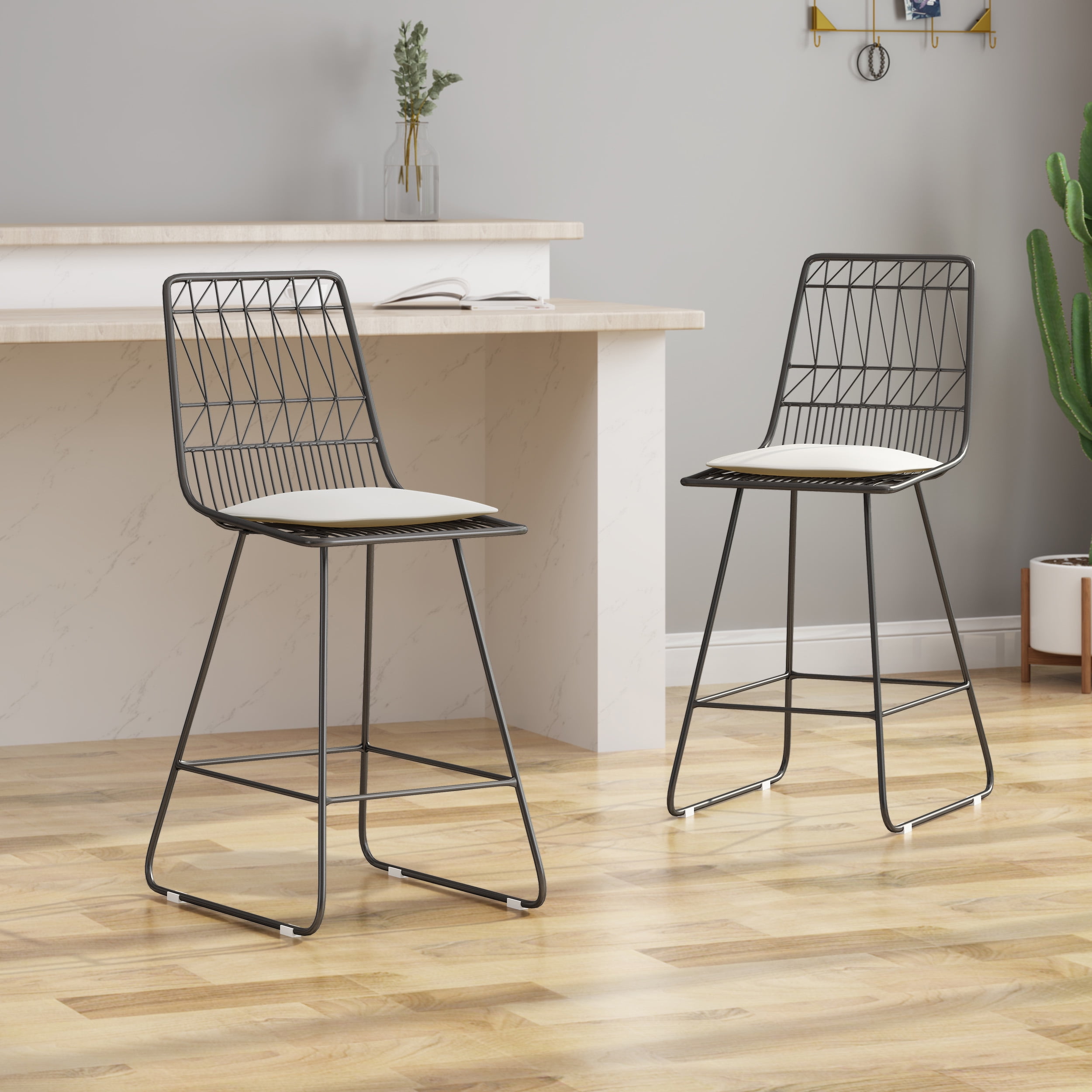 Modern Counter Stools Set of 2 Geometric Wire Bar Stools with Water Resistant Cushions for Indoor Outdoor Patio Kitchen in Grey Ivory
