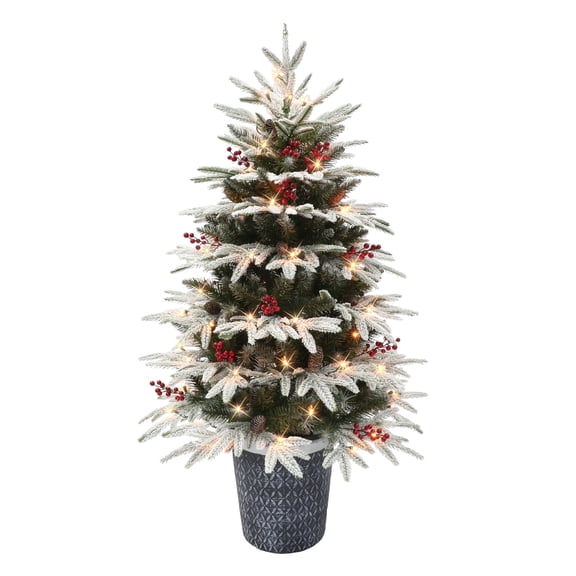 4.5 ft Pre-lit Potted Flocked Halifax Fir Tree 739 Tips 70 UL Clear Incandescent Lights