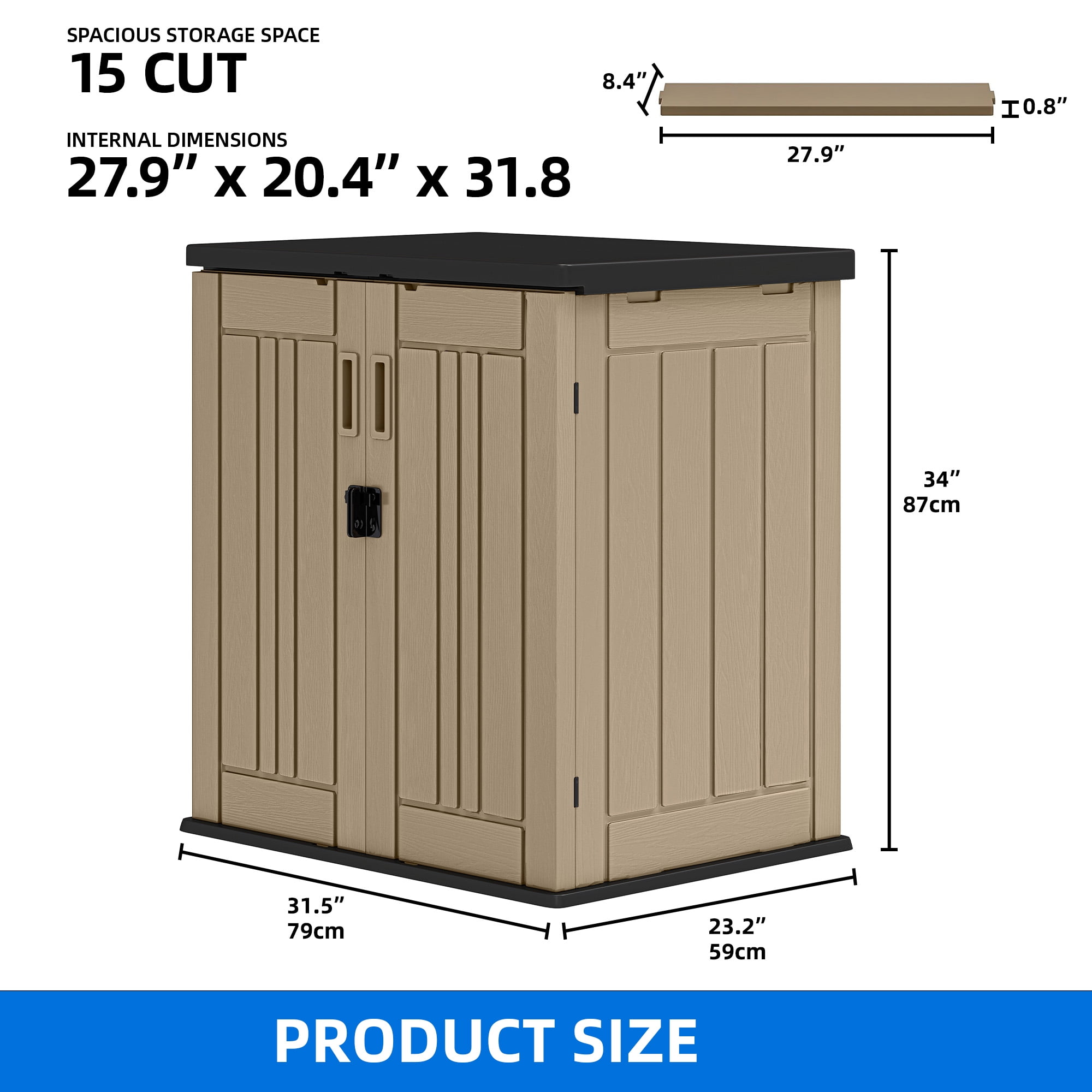 Dextrus Weatherproof Outdoor Storage Shed with 2 Shelves & Lockable Lid for Patio & Garden, Brown