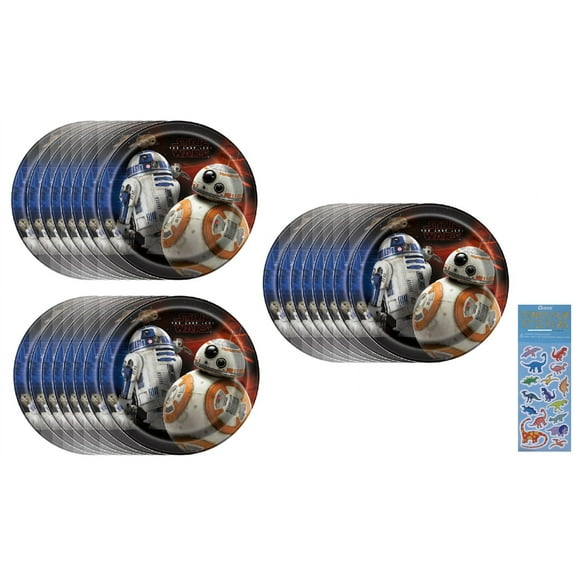 Star Wars Birthday Party Supplies Bundle Pack includes 24 Dessert Cake Paper Plates 7" and 1 Dinosaur Sticker Sheet