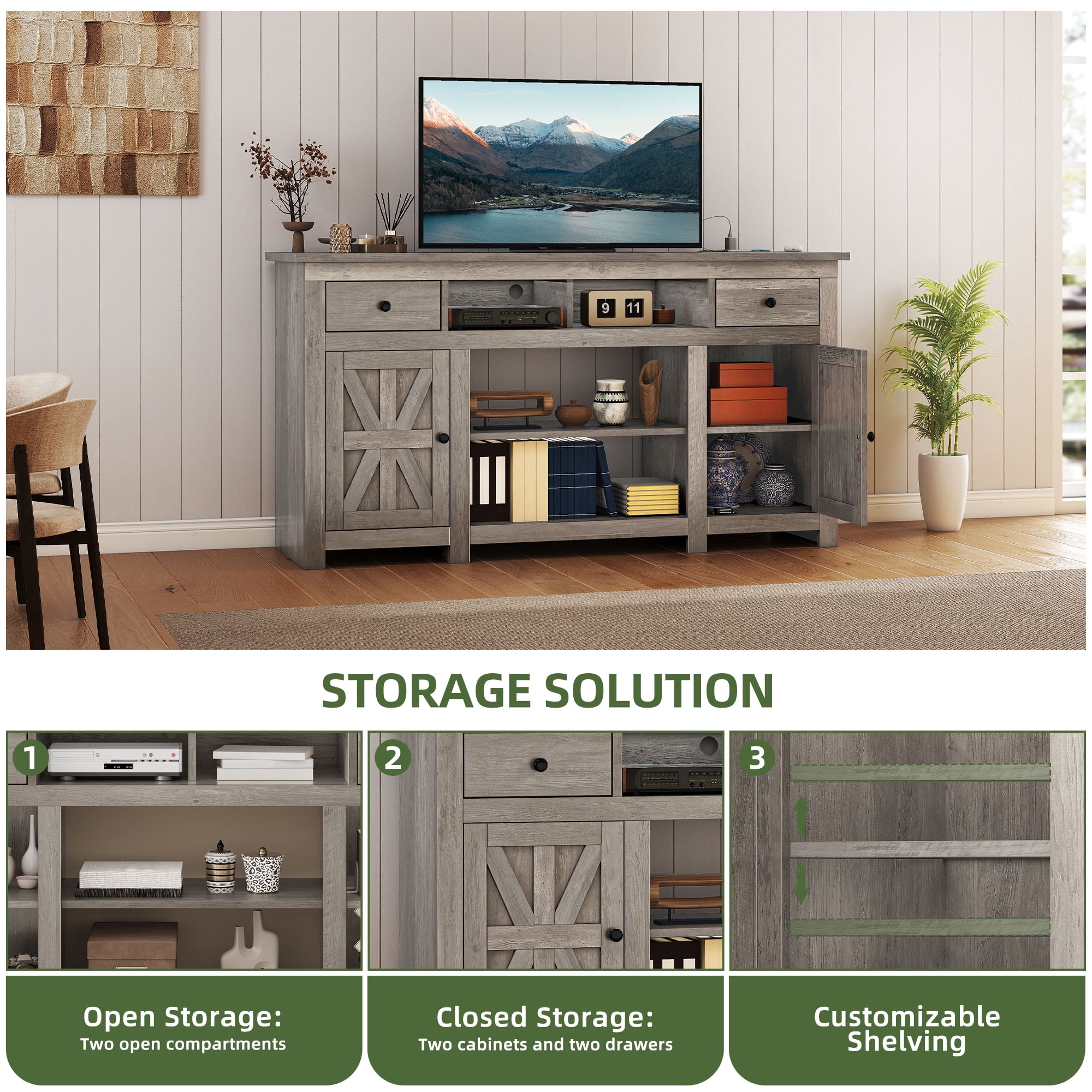 Uforic 59" Farmhouse TV Stand with Storage for Living Room, Entertainment Center for up to 65" TV, Washed Gray