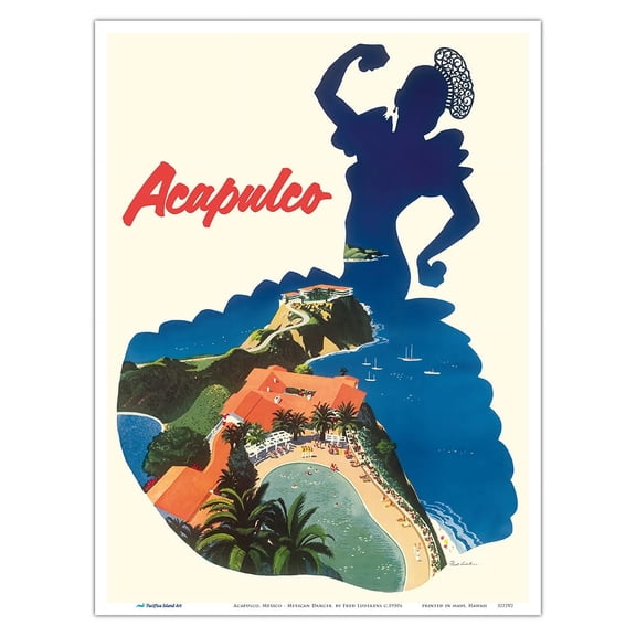Acapulco Mexico - Dancer Silhouette - Vintage Airline Travel Poster by Fred Ludekens c.1950s - Master Art Print (Unframed) 9in x 12in