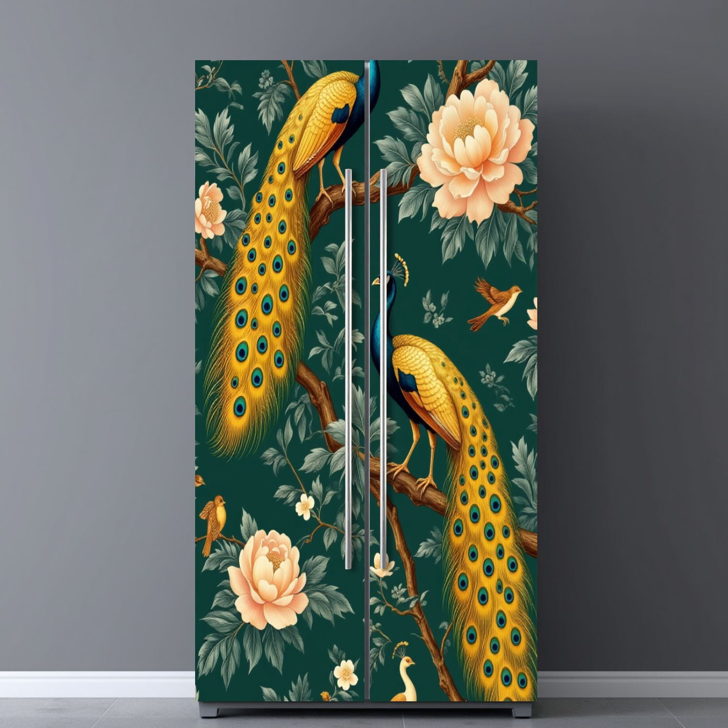 Self Adhesive Vinyl Refrigerator Wrap Set Elegant Peacock Floral Design Vintage Style Dark Green Door Mural Removable Fridge Sticker Peel and Stick&nbsp;Full Door Cover Decal Kitchen Bar Decor