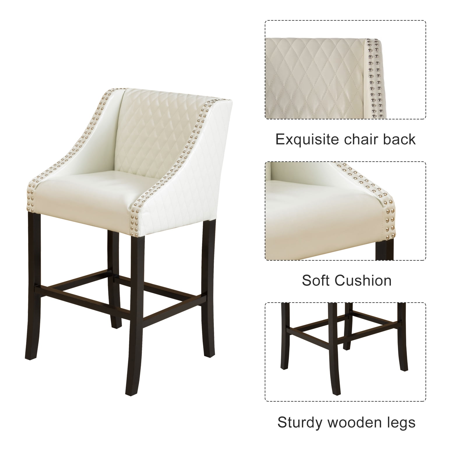 Kadyn Leather Bar Stool, Upholstered Barstool with Backs and Wood Legs, Mid-Century Modern Leather Dining Chairs for Bar, Ivory Kadyn Leather Bar Stool, Upholstered Barstool with Backs and Wood Legs, Mid-Century Modern Leather Dining Chairs for Bar, Ivory
