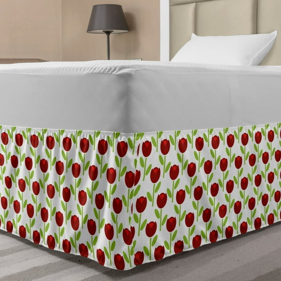 Floral Bed Skirt, Repetitive Burgundy Tone Tulips Simplistic Arrangement on Plain Backdrop Print, Elastic Bedskirt Dust Ruffle Wrap Around for Bedding Decor, 4 Sizes, White Lime Green, by Ambesonne